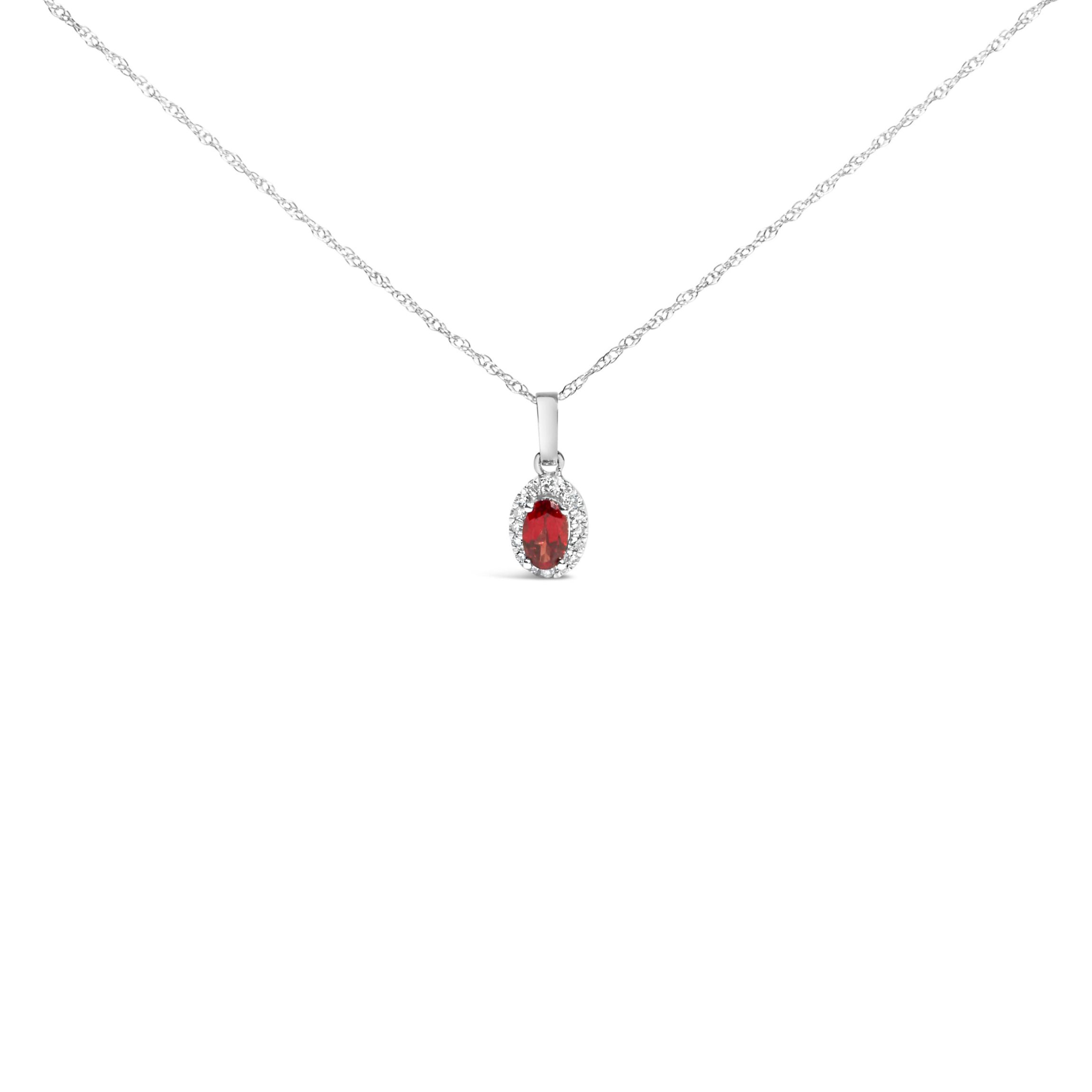 10K White Gold 5x3mm Red Garnet and Diamond Accent Halo Oval Shape Pendant Necklace