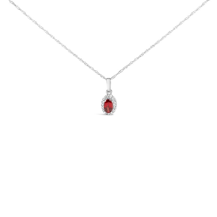 10K White Gold 5x3mm Red Garnet and Diamond Accent Halo Oval Shape Pendant Necklace