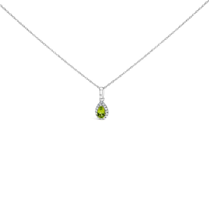 10K White Gold Yellow Peridot and Diamond Accent Halo Pear Shape Pendant Necklace