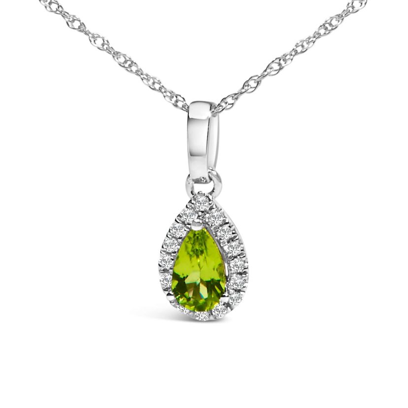 10K White Gold Yellow Peridot and Diamond Accent Halo Pear Shape Pendant Necklace