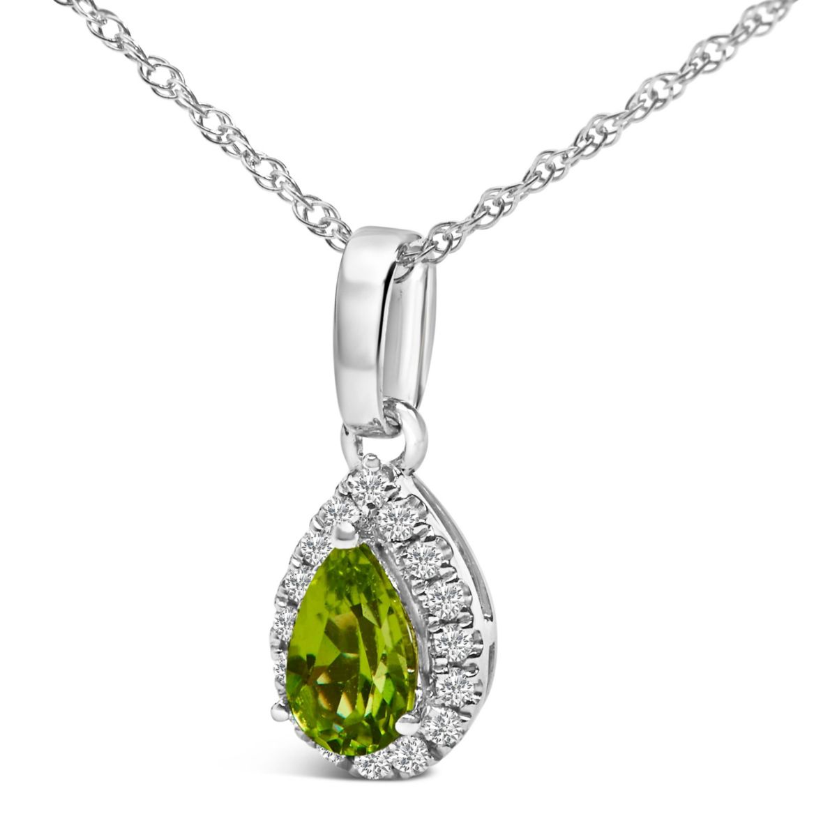 10K White Gold Yellow Peridot and Diamond Accent Halo Pear Shape Pendant Necklace
