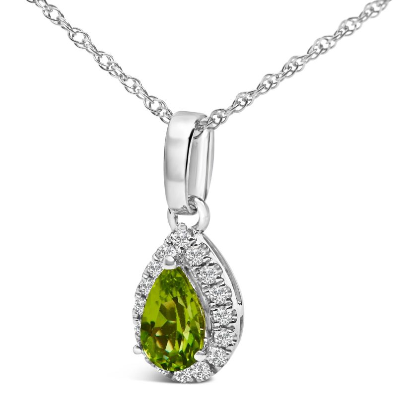 10K White Gold Yellow Peridot and Diamond Accent Halo Pear Shape Pendant Necklace