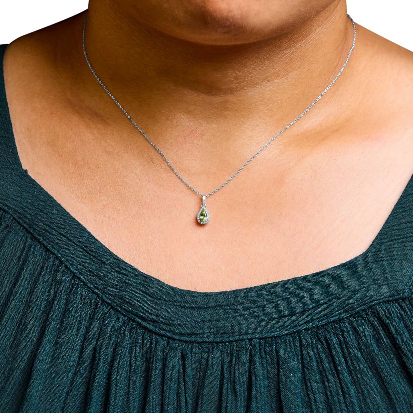 10K White Gold Yellow Peridot and Diamond Accent Halo Pear Shape Pendant Necklace