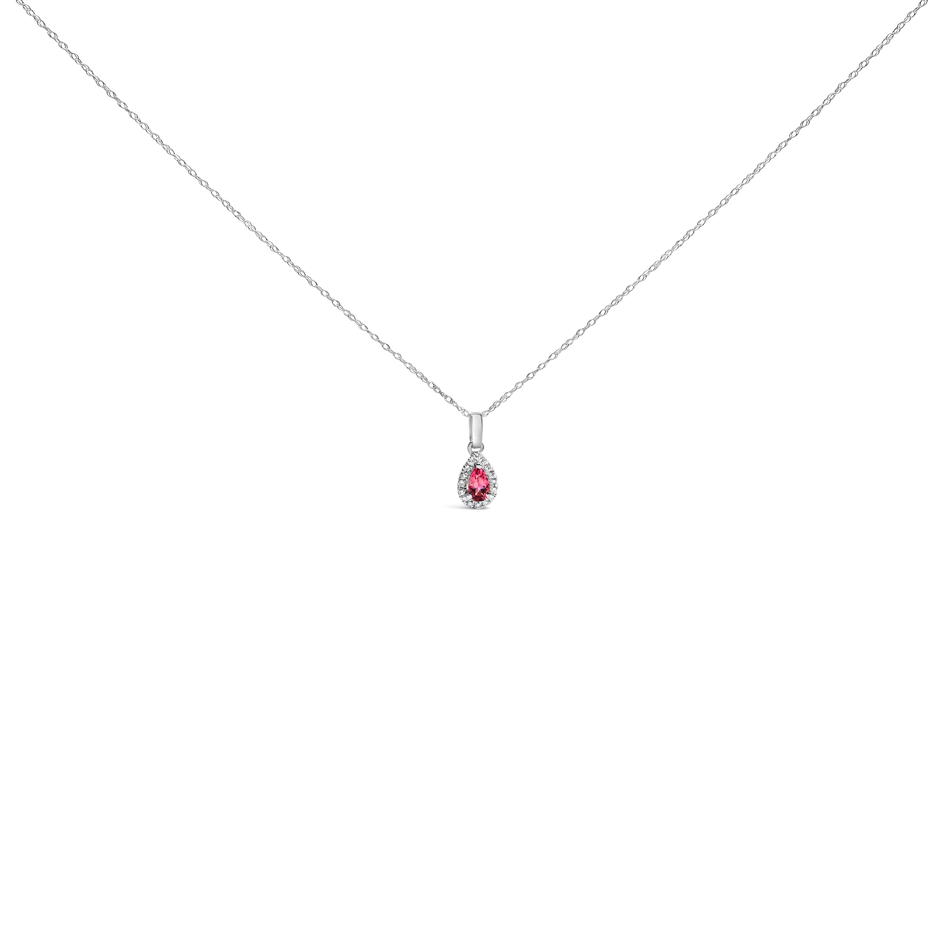 10K White Gold Pink Tourmaline and Diamond Accent Halo Pear Shape Pendant Necklace