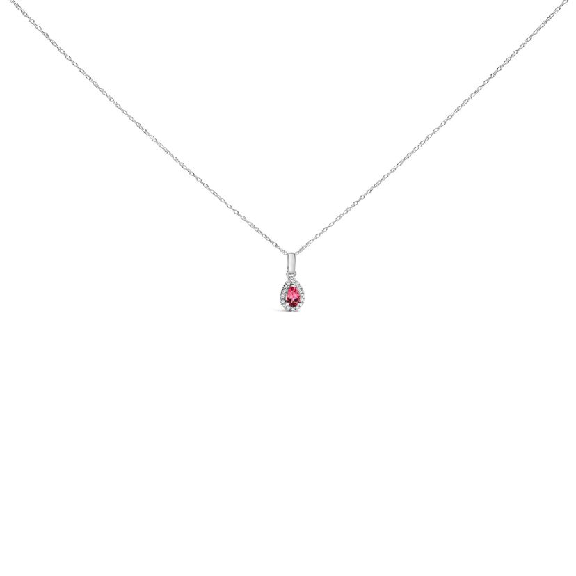 10K White Gold Pink Tourmaline and Diamond Accent Halo Pear Shape Pendant Necklace