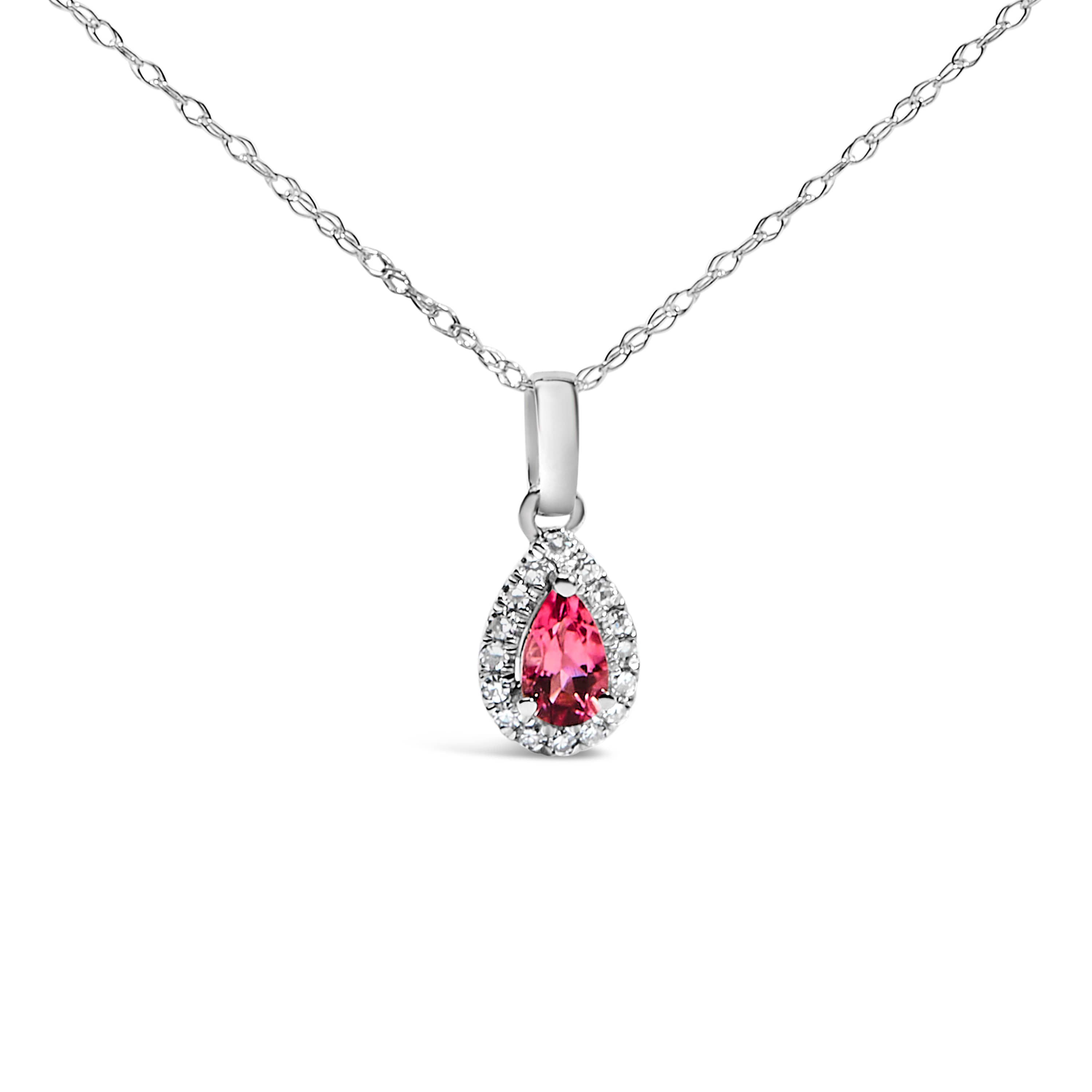 10K White Gold Pink Tourmaline and Diamond Accent Halo Pear Shape Pendant Necklace