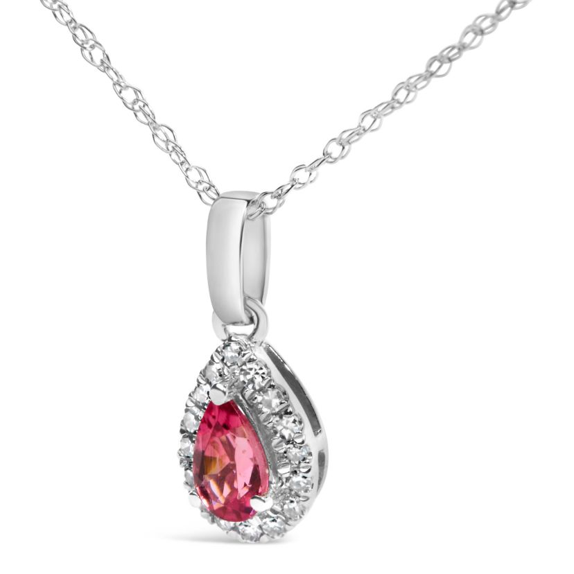10K White Gold Pink Tourmaline and Diamond Accent Halo Pear Shape Pendant Necklace