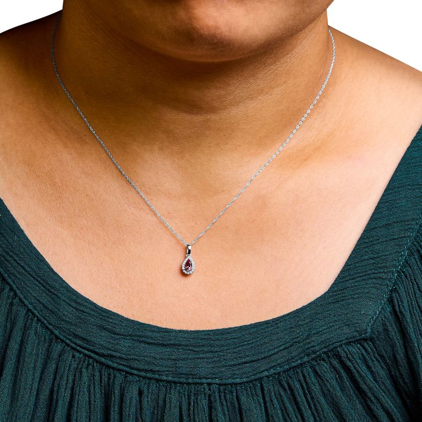 10K White Gold Pink Tourmaline and Diamond Accent Halo Pear Shape Pendant Necklace