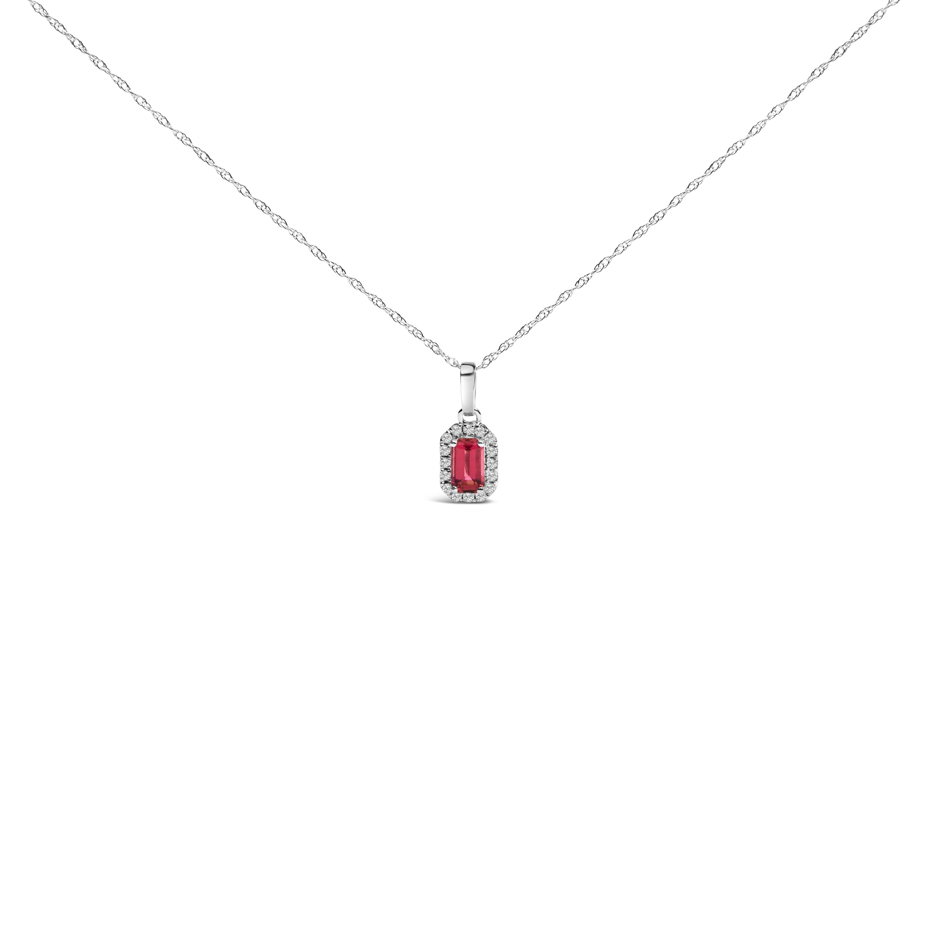 10K White Gold Pink Tourmaline and Diamond Accent Halo Octagonal Pendant Necklace