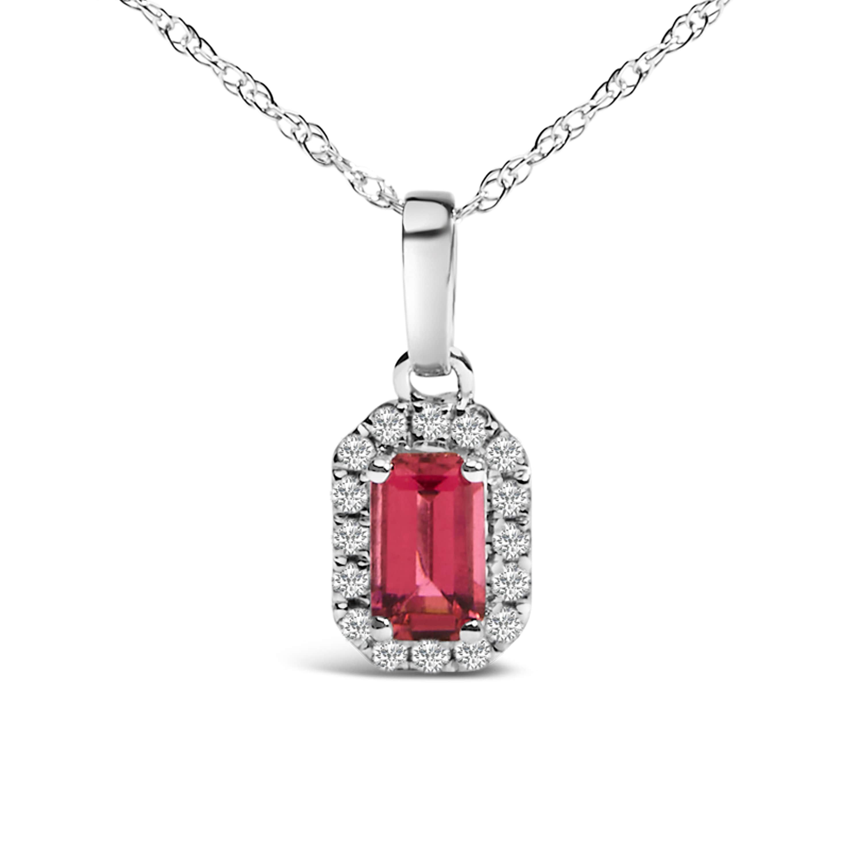 10K White Gold Pink Tourmaline and Diamond Accent Halo Octagonal Pendant Necklace