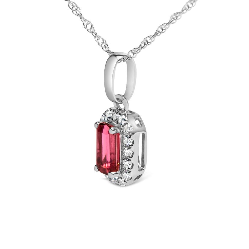 10K White Gold Pink Tourmaline and Diamond Accent Halo Octagonal Pendant Necklace