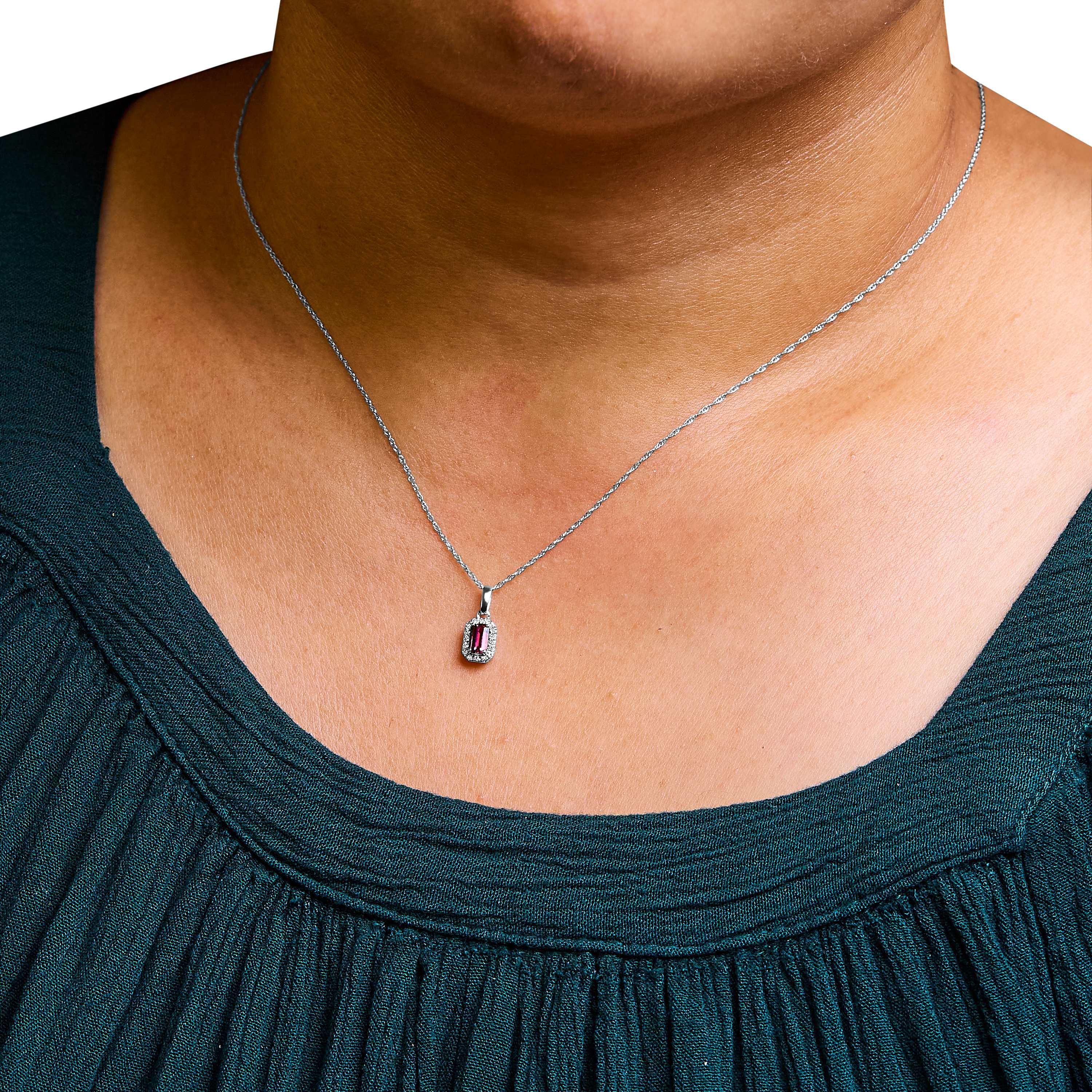 10K White Gold Pink Tourmaline and Diamond Accent Halo Octagonal Pendant Necklace