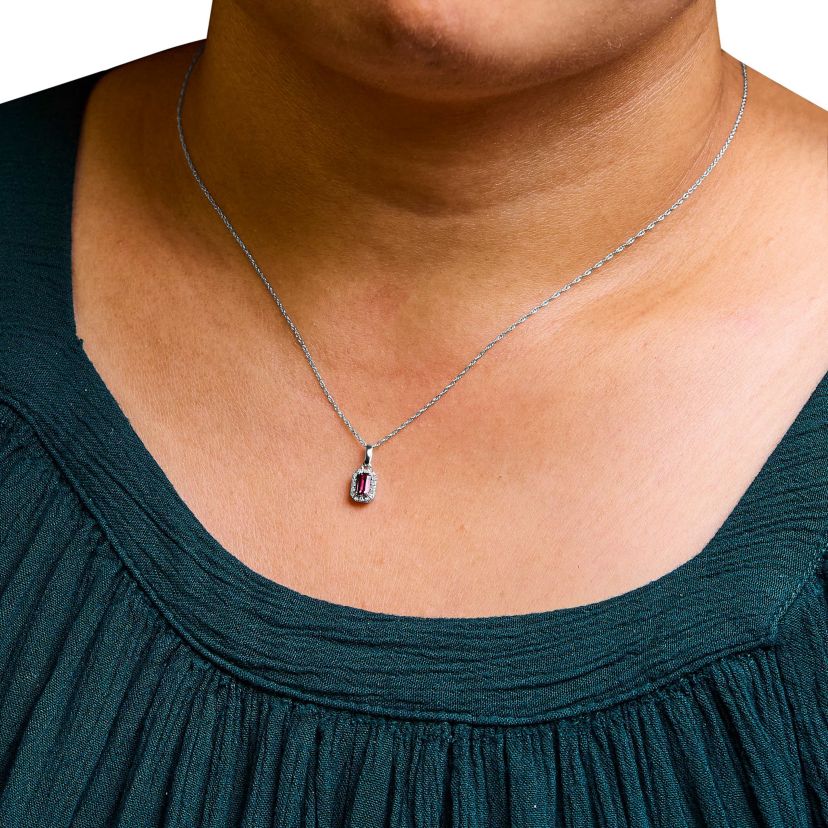10K White Gold Pink Tourmaline and Diamond Accent Halo Octagonal Pendant Necklace