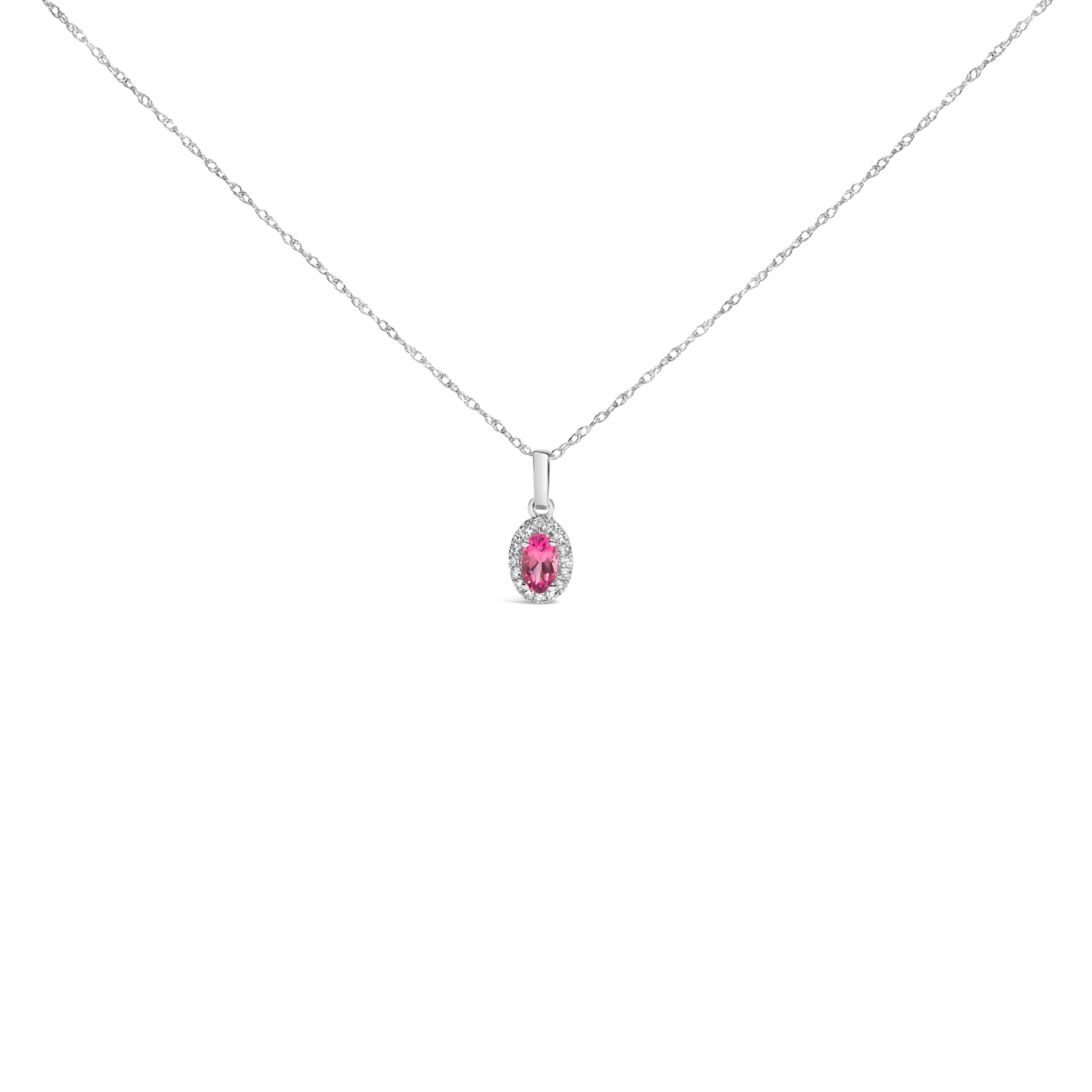 10K White Gold Pink Tourmaline and Diamond Accent Halo Oval Shape Pendant Necklace