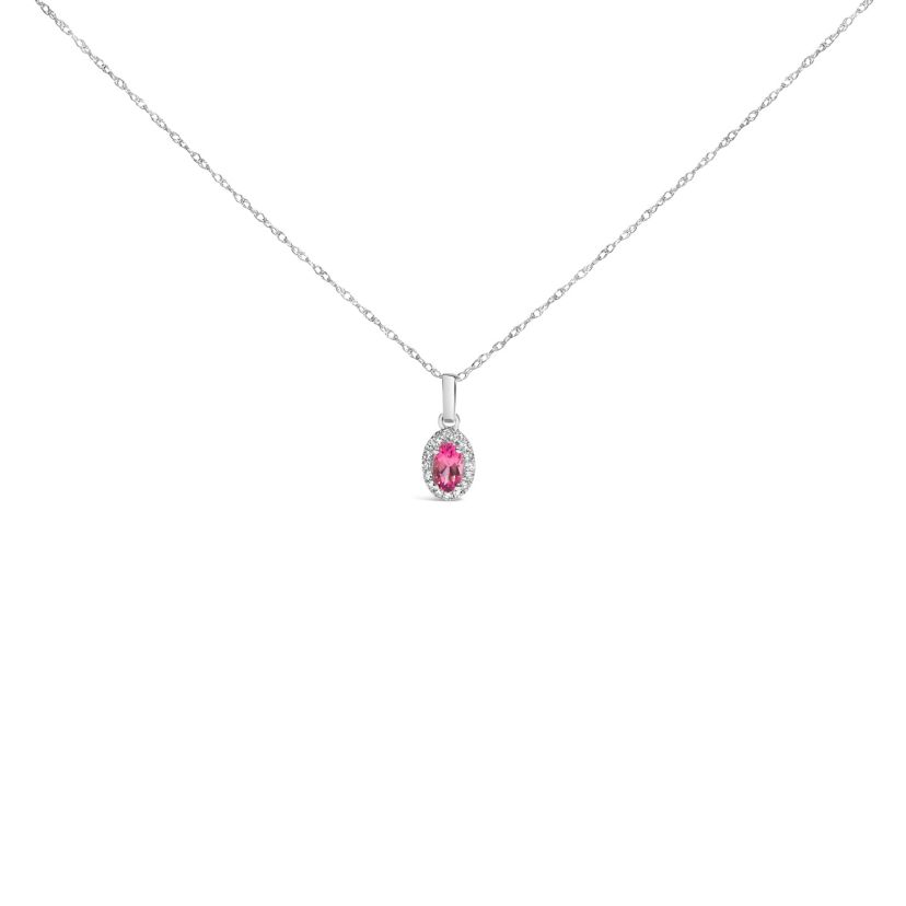 10K White Gold Pink Tourmaline and Diamond Accent Halo Oval Shape Pendant Necklace