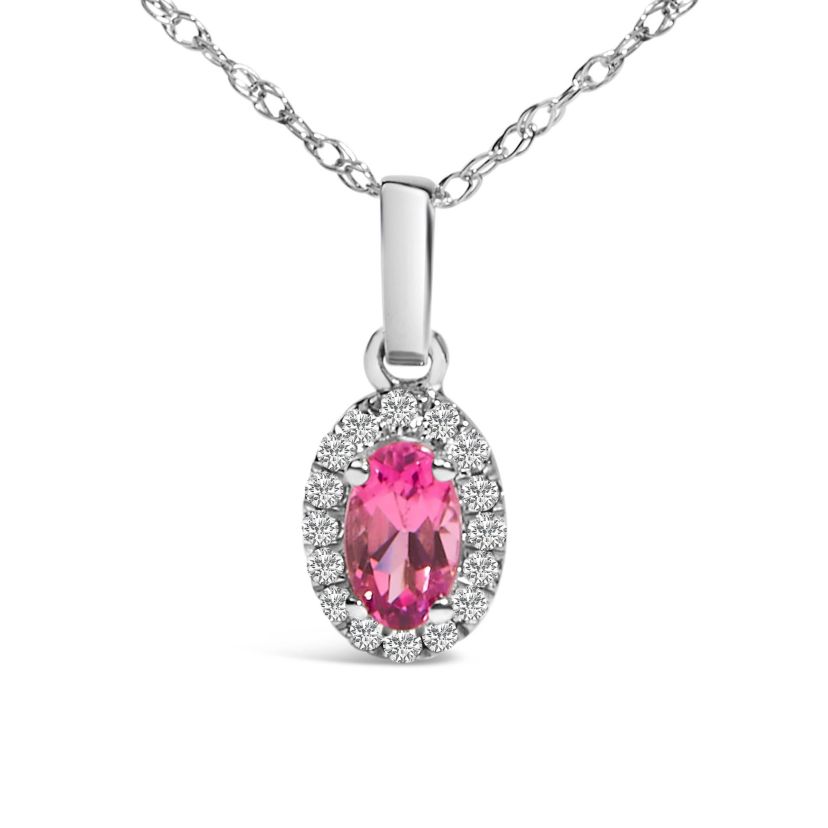 10K White Gold Pink Tourmaline and Diamond Accent Halo Oval Shape Pendant Necklace