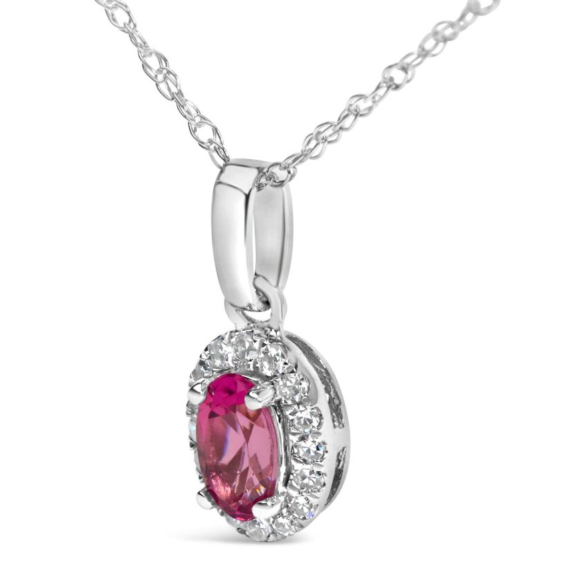 10K White Gold Pink Tourmaline and Diamond Accent Halo Oval Shape Pendant Necklace