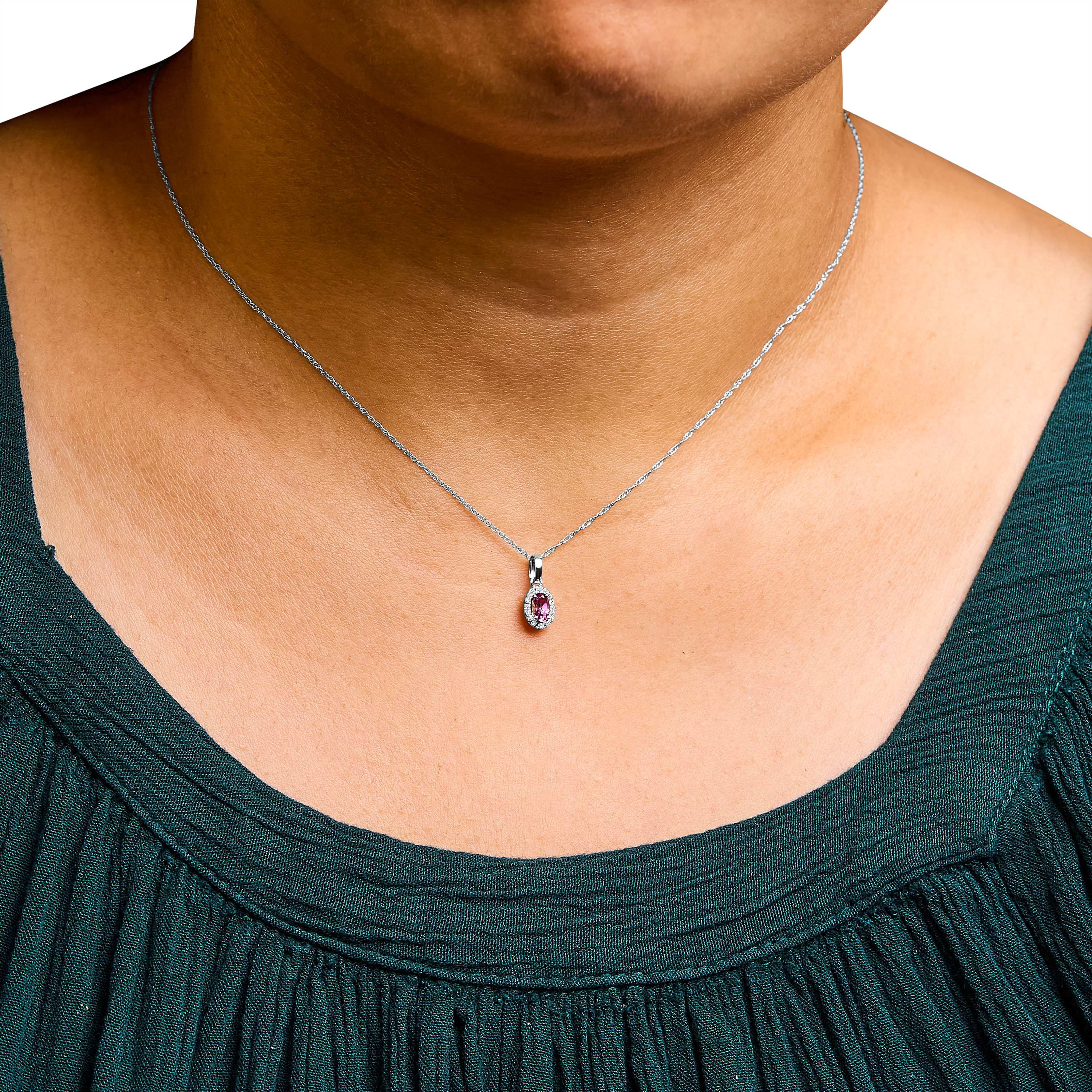 10K White Gold Pink Tourmaline and Diamond Accent Halo Oval Shape Pendant Necklace