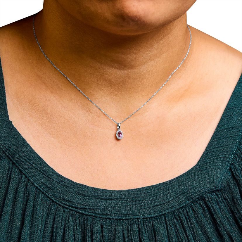 10K White Gold Pink Tourmaline and Diamond Accent Halo Oval Shape Pendant Necklace