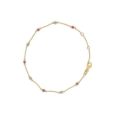 Haus of Brilliance 14K Yellow Gold Alternating Red Ruby and White Diamond Bezel Station Chain Bracelet, 8 in