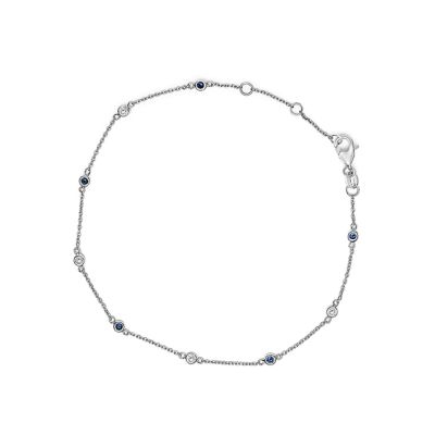 Haus of Brilliance 14K White Gold Alternating Blue Sapphire and White Diamond Bezel Station Chain Bracelet