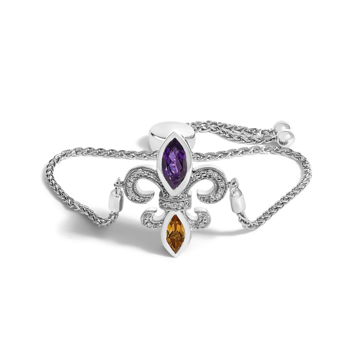 Silver Marquise Amethyst, Citrine and Diamond Lariat Fleur De Lis Bolo Bracelet