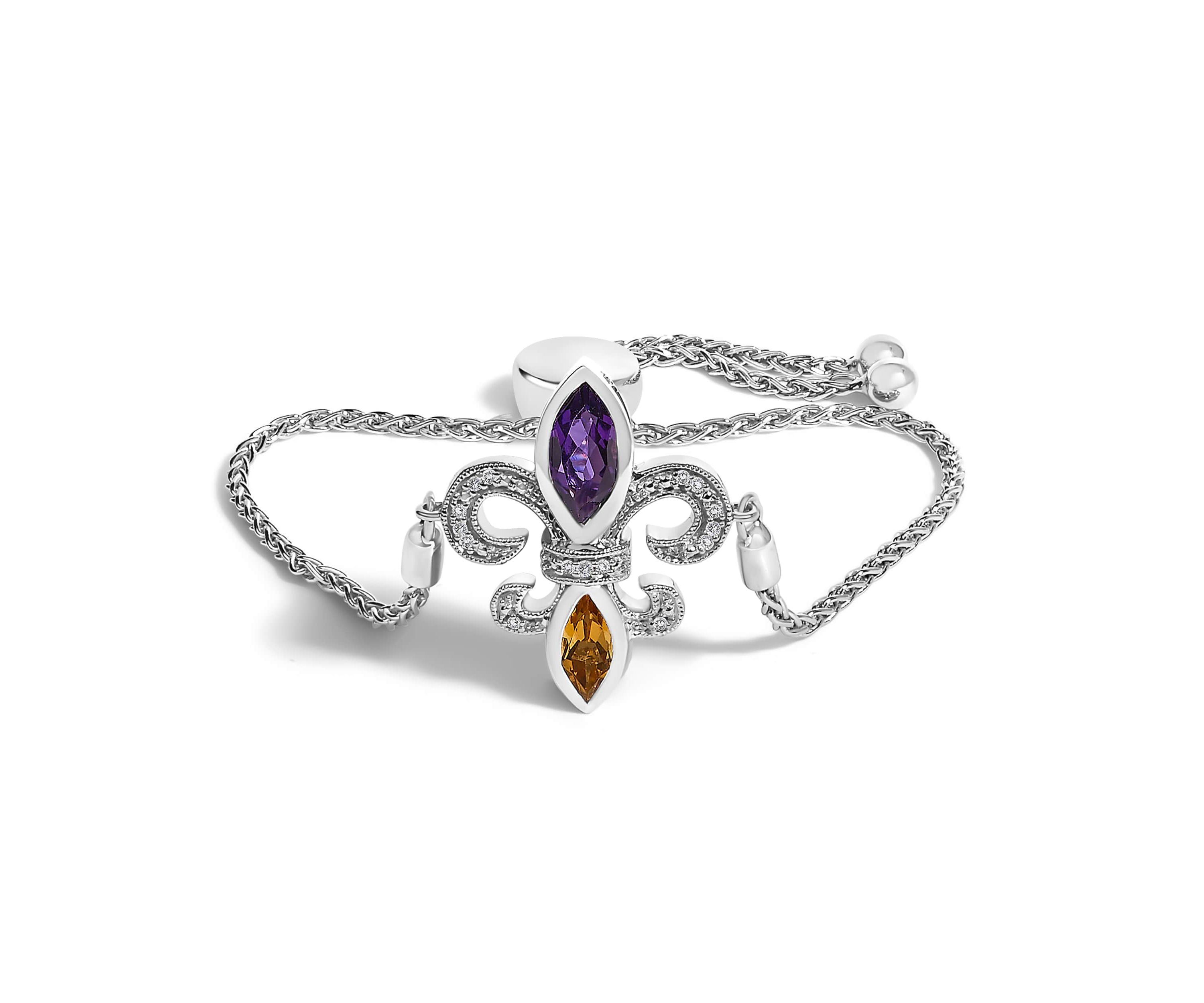 Silver Marquise Amethyst, Citrine and Diamond Lariat Fleur De Lis Bolo Bracelet