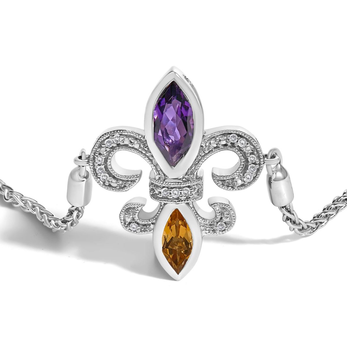 Silver Marquise Amethyst, Citrine and Diamond Lariat Fleur De Lis Bolo Bracelet