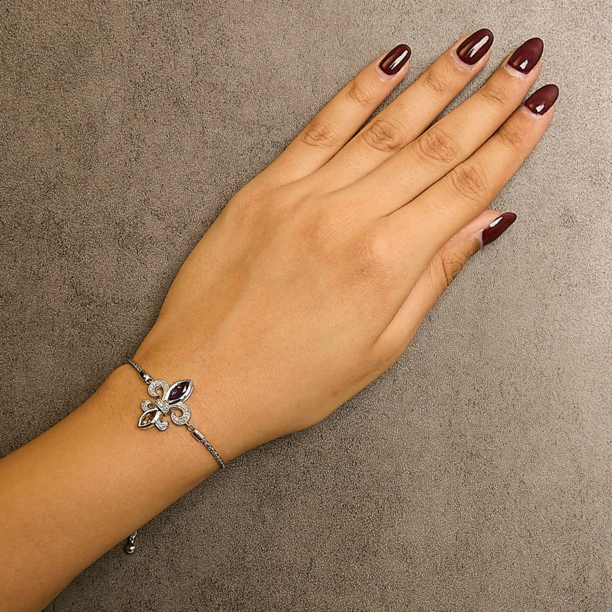 Silver Marquise Amethyst, Citrine and Diamond Lariat Fleur De Lis Bolo Bracelet