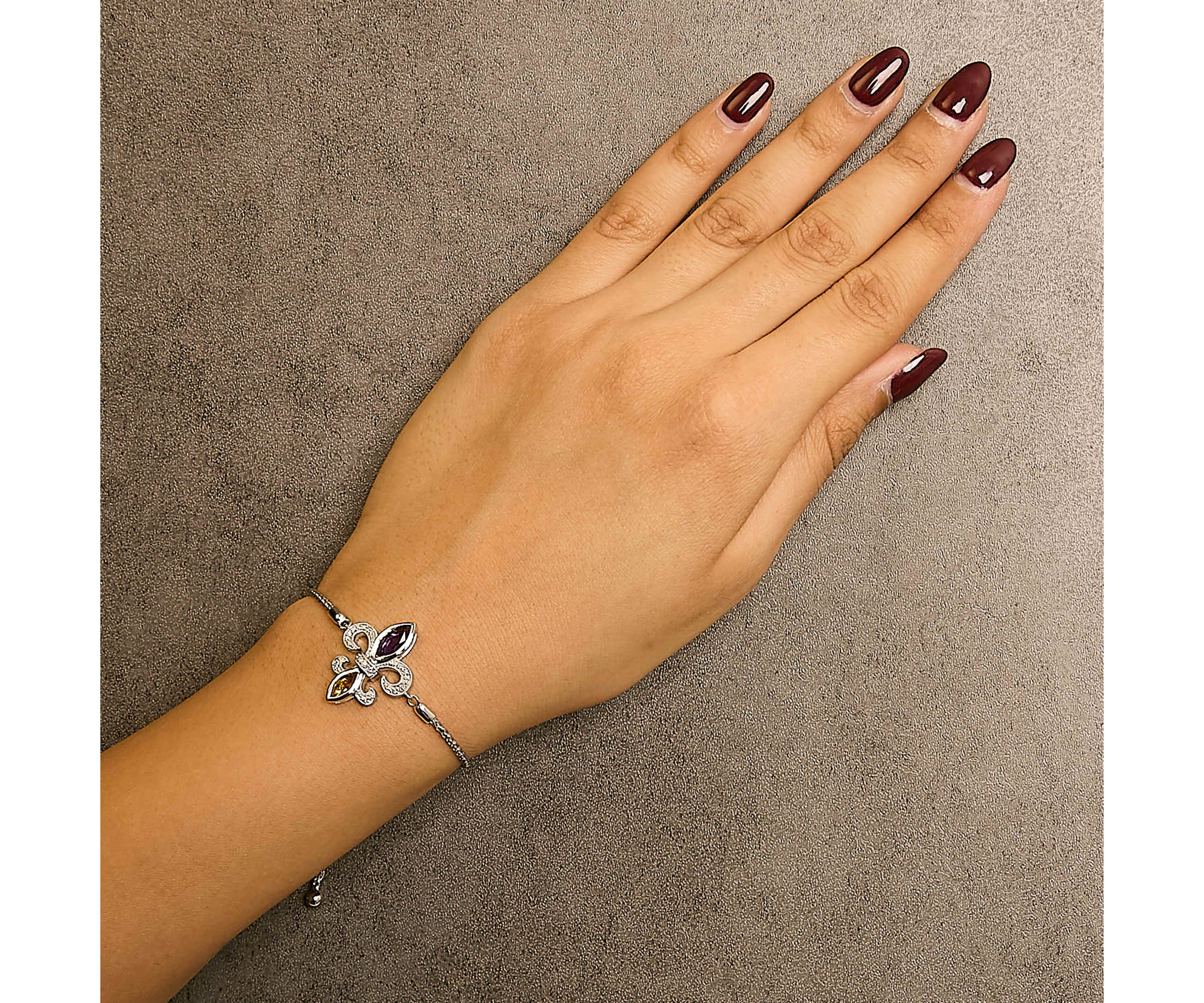 Silver Marquise Amethyst, Citrine and Diamond Lariat Fleur De Lis Bolo Bracelet