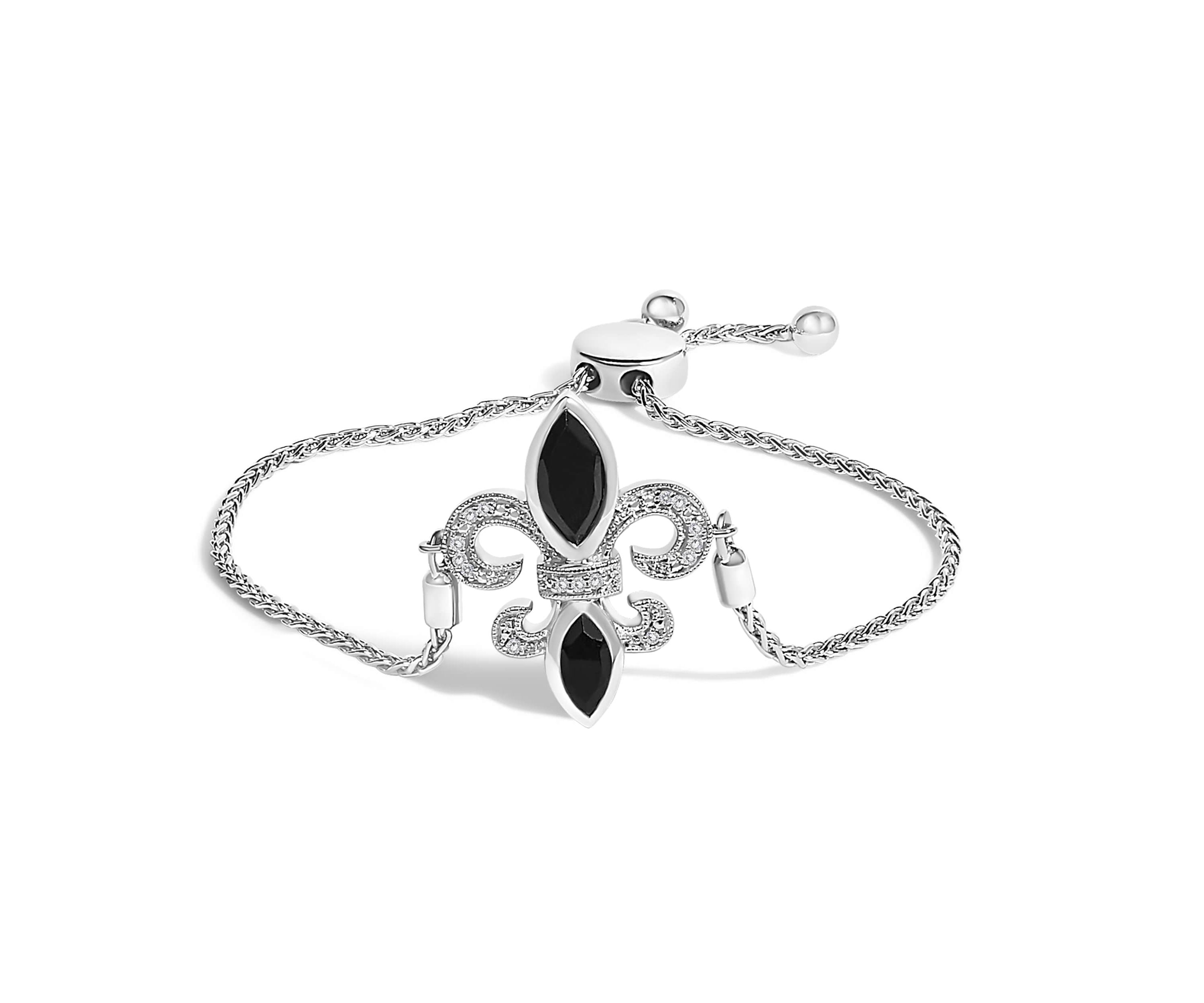 Silver Marquise Black Onyx and Diamond Accent Lariat Fleur De Lis Bolo Bracelet