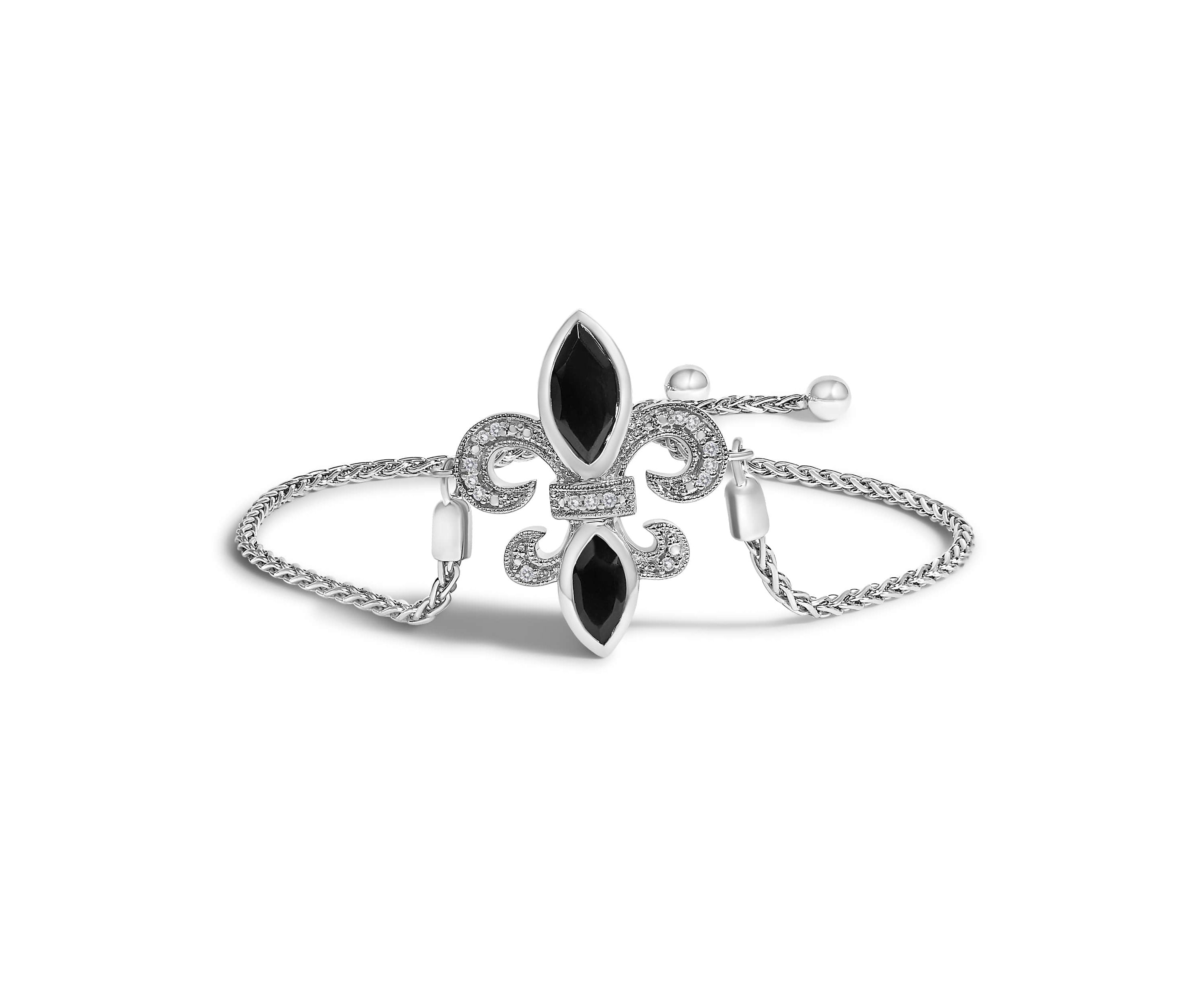 Silver Marquise Black Onyx and Diamond Accent Lariat Fleur De Lis Bolo Bracelet