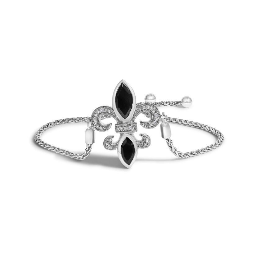 Silver Marquise Black Onyx and Diamond Accent Lariat Fleur De Lis Bolo Bracelet