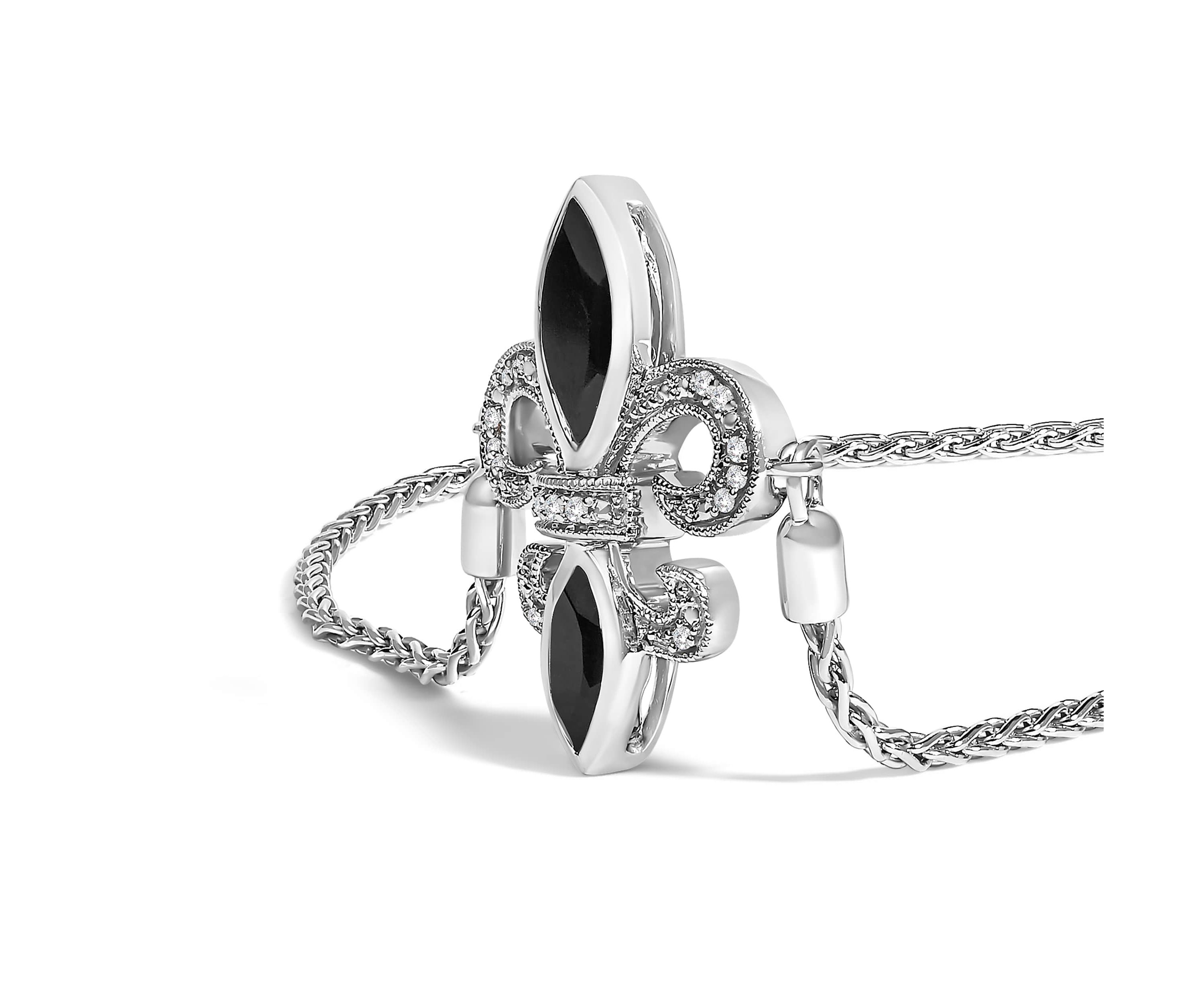 Silver Marquise Black Onyx and Diamond Accent Lariat Fleur De Lis Bolo Bracelet