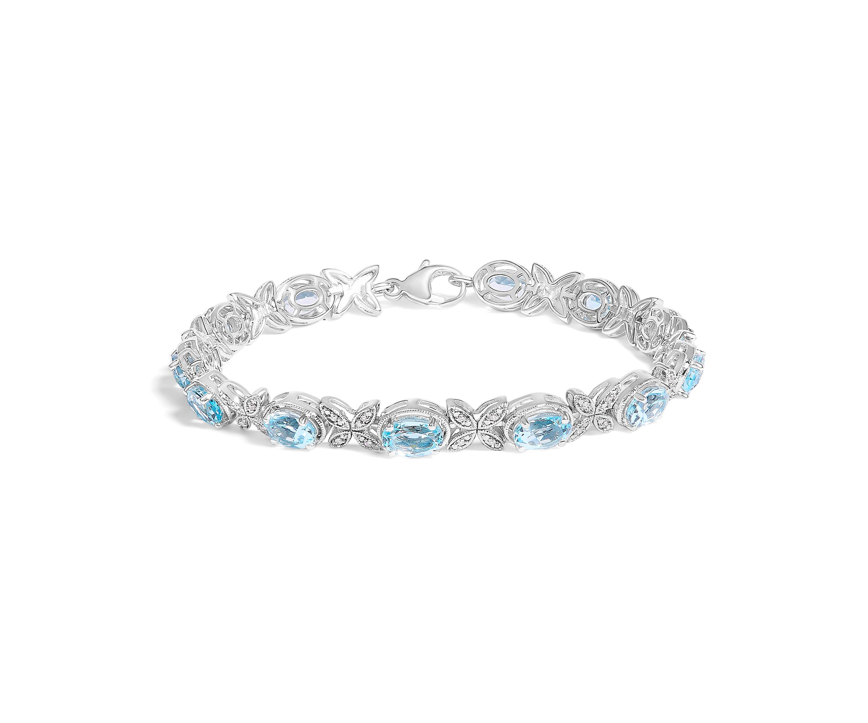 Silver Oval Blue Topaz Diamond Butterfly Link Bracelet - Size 7" Inches