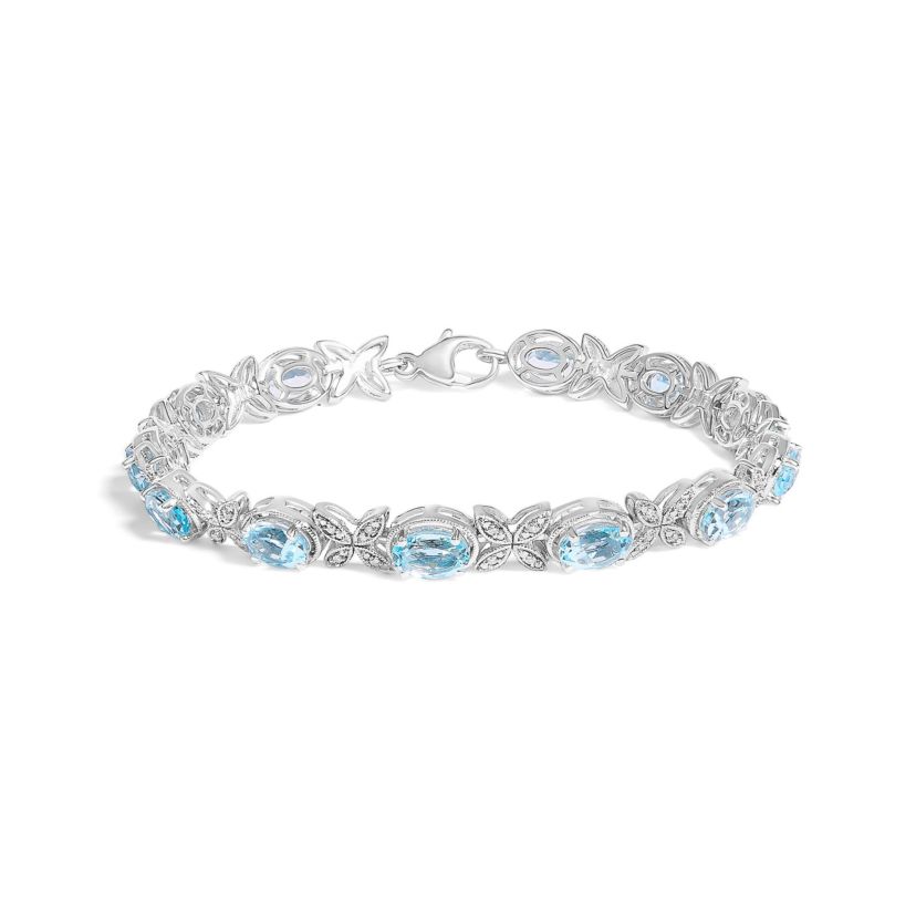 Silver Oval Blue Topaz Diamond Butterfly Link Bracelet - Size 7" Inches
