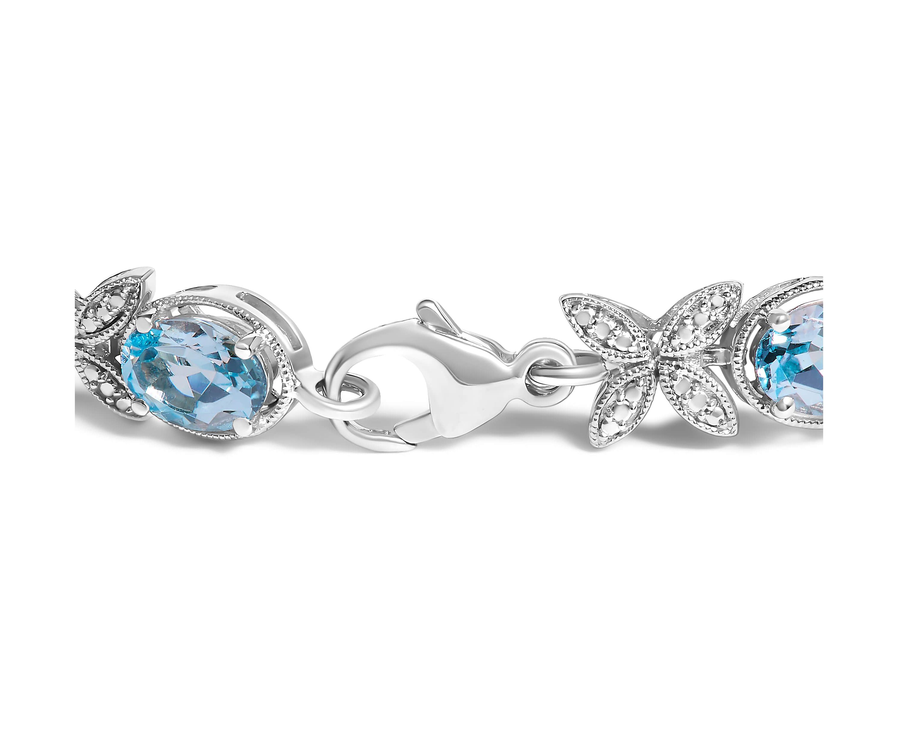 Silver Oval Blue Topaz Diamond Butterfly Link Bracelet - Size 7" Inches