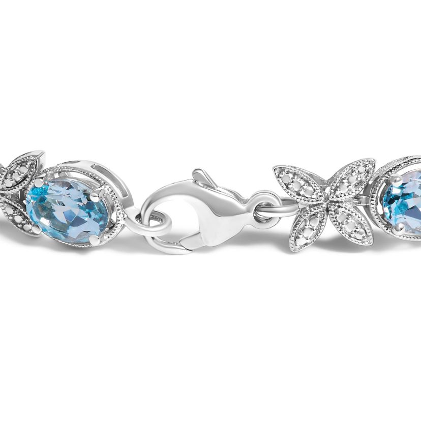 Silver Oval Blue Topaz Diamond Butterfly Link Bracelet - Size 7" Inches