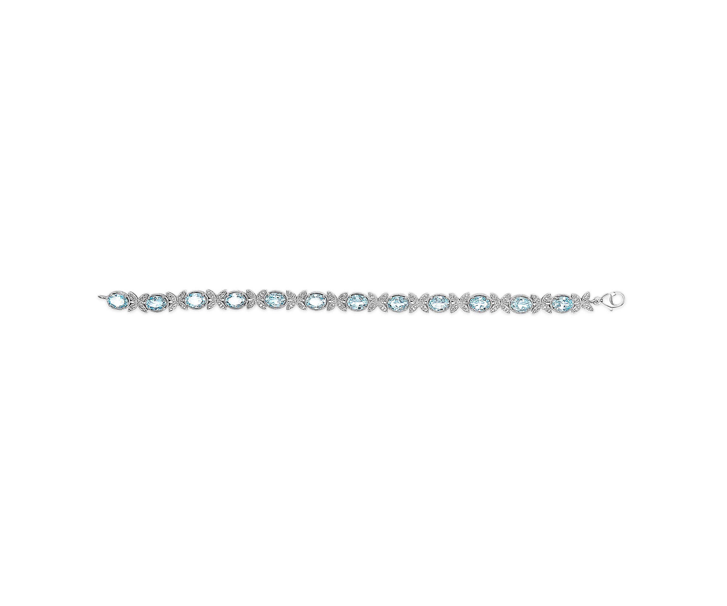 Silver Oval Blue Topaz Diamond Butterfly Link Bracelet - Size 7" Inches