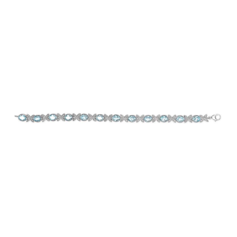 Silver Oval Blue Topaz Diamond Butterfly Link Bracelet - Size 7" Inches