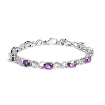 Haus of Brilliance Silver Oval Purple Amethyst and Diamond Infinity Link Bracelet - 7" Inches, White, 7 in
