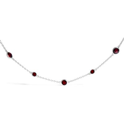 Haus of Brilliance .925 Sterling Silver Checkerboard Cut Red Garnet Bezel Station Necklace - 22" Inches, White, 22 in