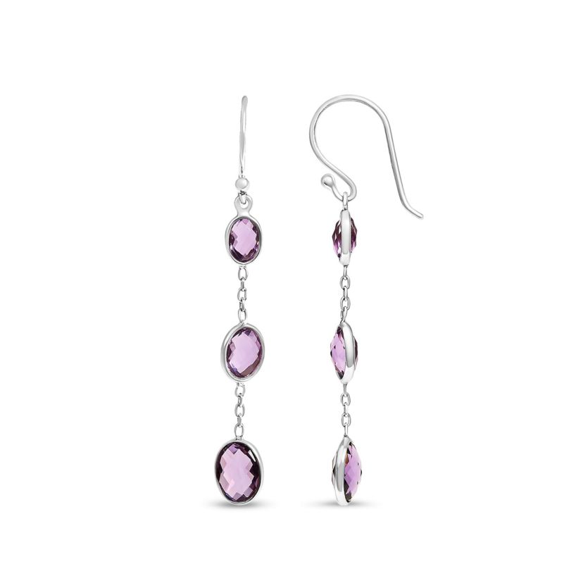 Silver Checkerboard Oval Purple Amethyst 2" Inch Drop and Dangle Earrings