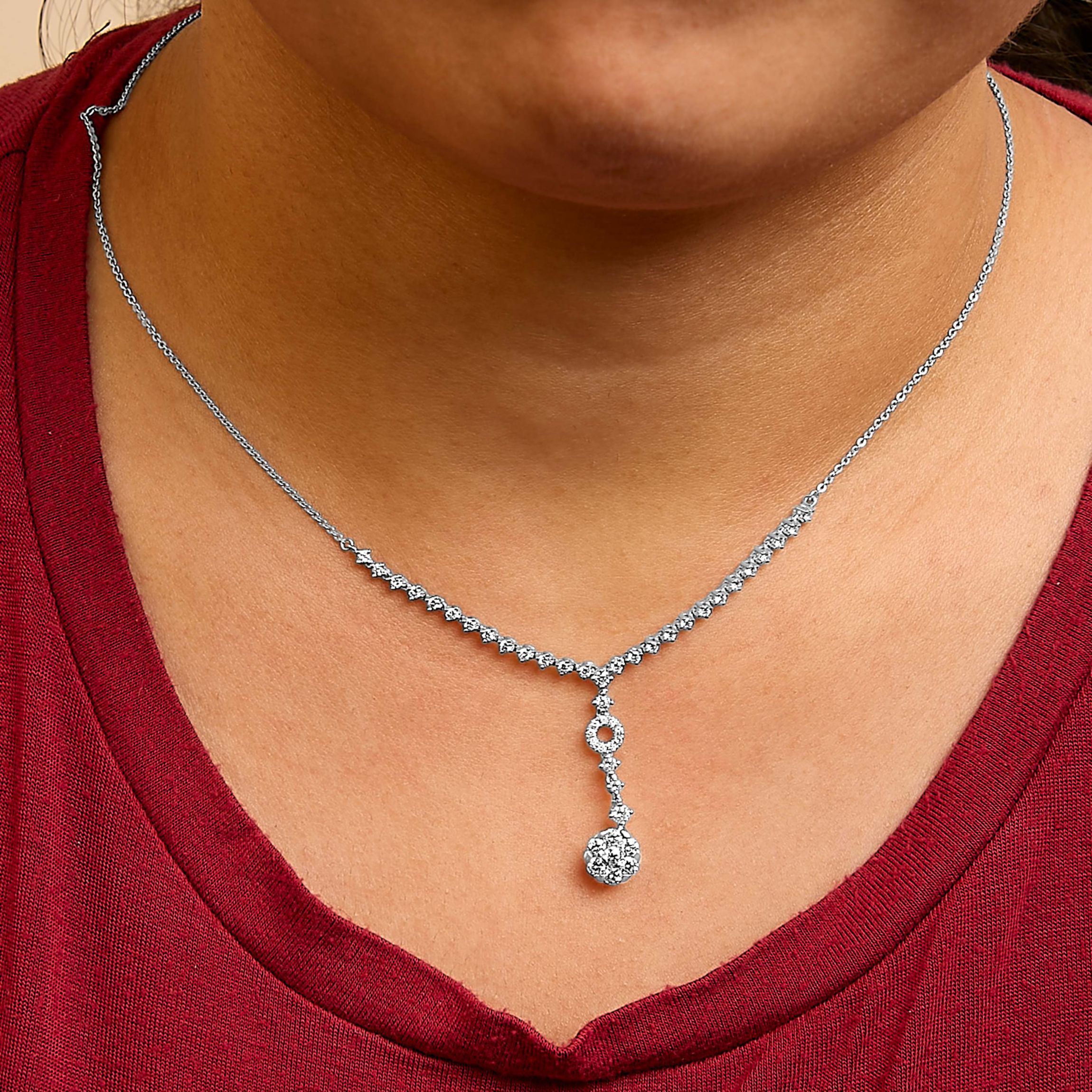 14K White Gold 6/7 Cttw Diamond Drop and V Necklace -18" Inches
