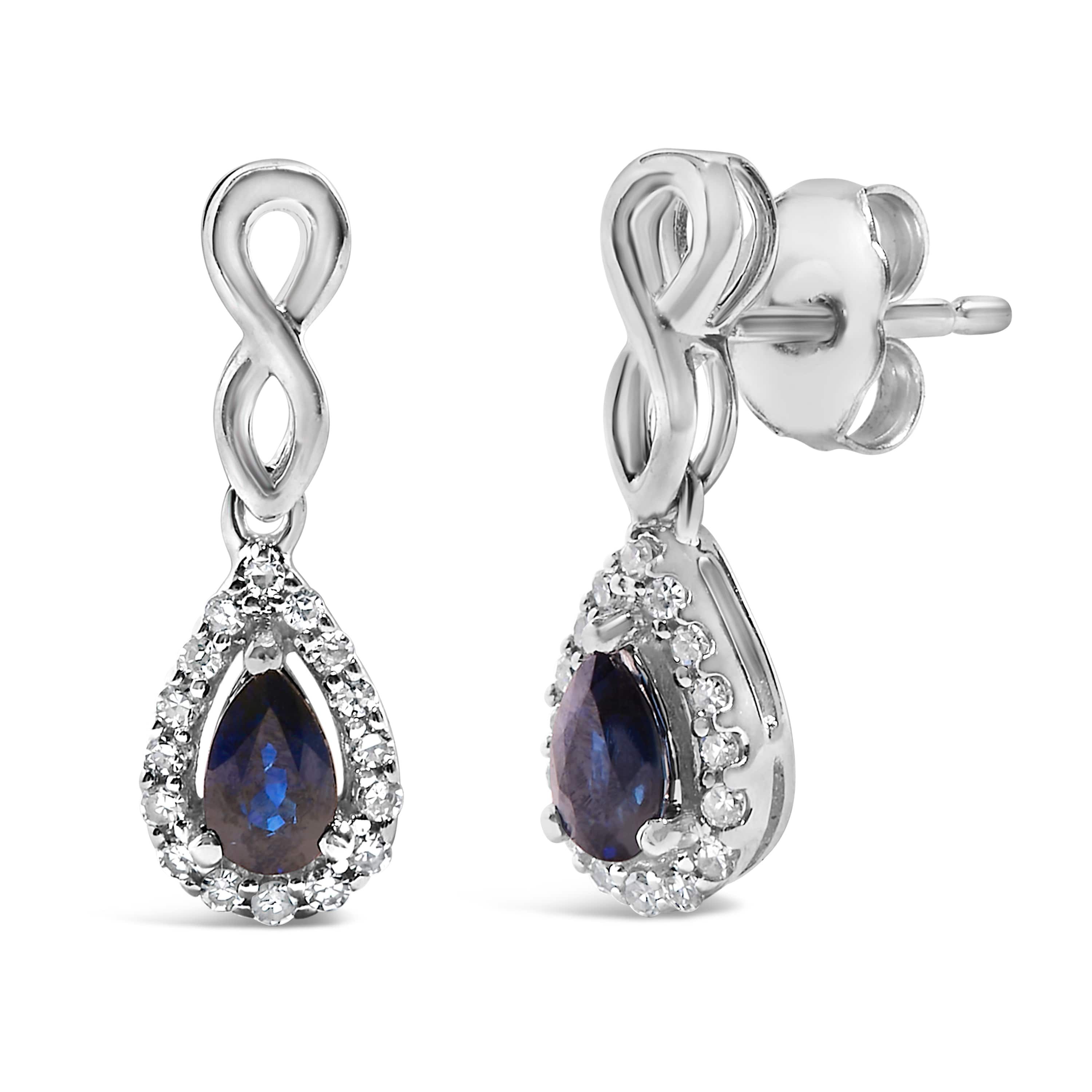 10K White Gold Pear Blue Sapphire 1/7 Ct Diamond Infinity Drop and Dangle Earrings