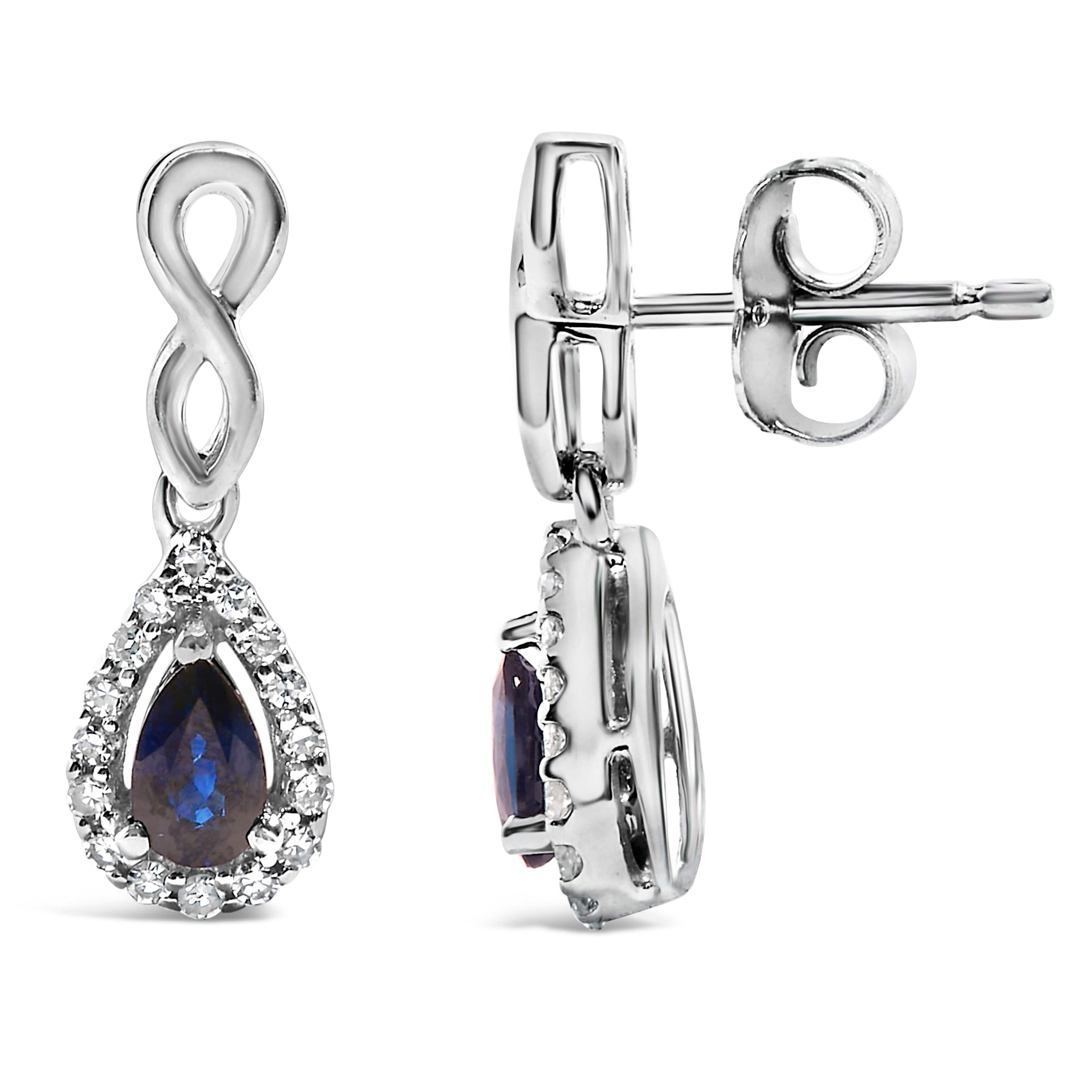10K White Gold Pear Blue Sapphire 1/7 Ct Diamond Infinity Drop and Dangle Earrings