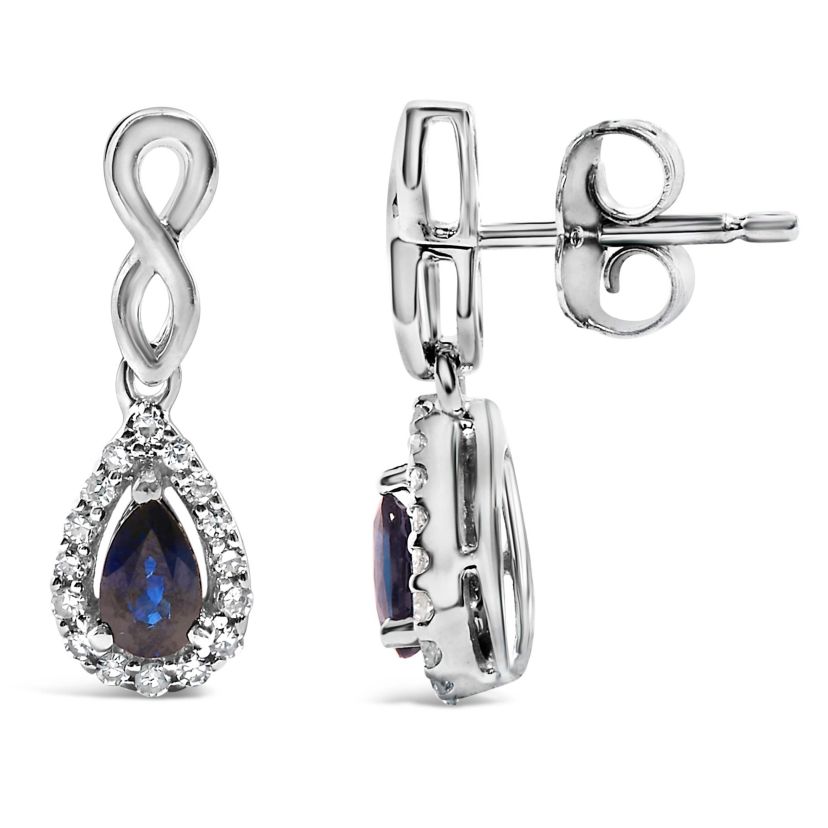 10K White Gold Pear Blue Sapphire 1/7 Ct Diamond Infinity Drop and Dangle Earrings