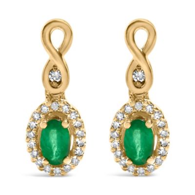 Haus of Brilliance 10K Yellow Gold Oval Green Emerald 5x3 mm and 1/7 Ct Diamond Dangle Earrings