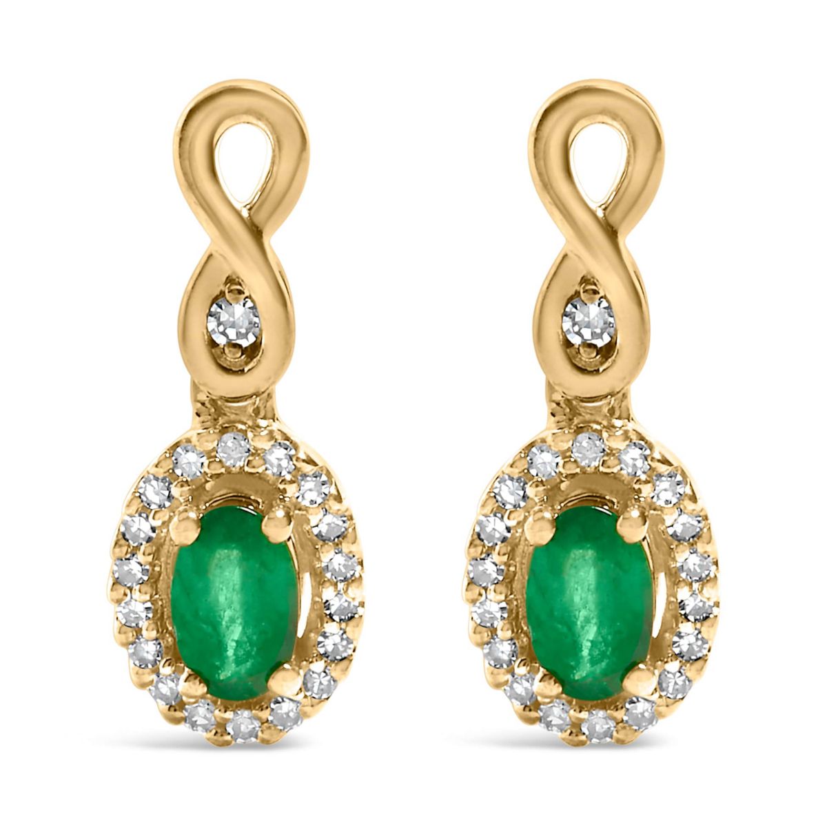 10K Yellow Gold Oval Green Emerald 5x3 mm and 1/7 Ct Diamond Dangle Earrings