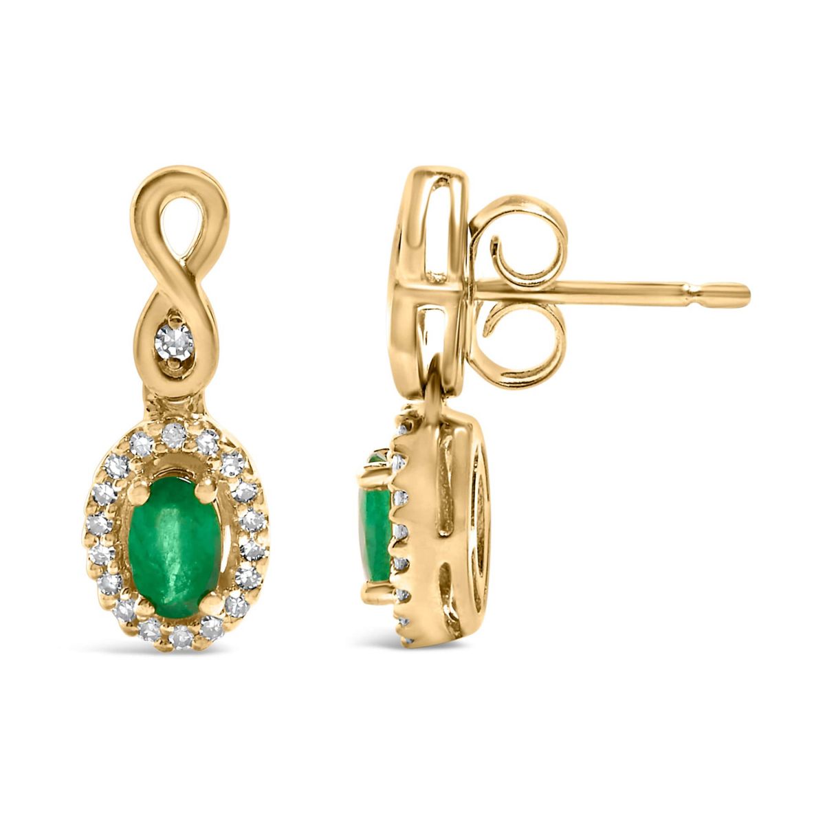 10K Yellow Gold Oval Green Emerald 5x3 mm and 1/7 Ct Diamond Dangle Earrings